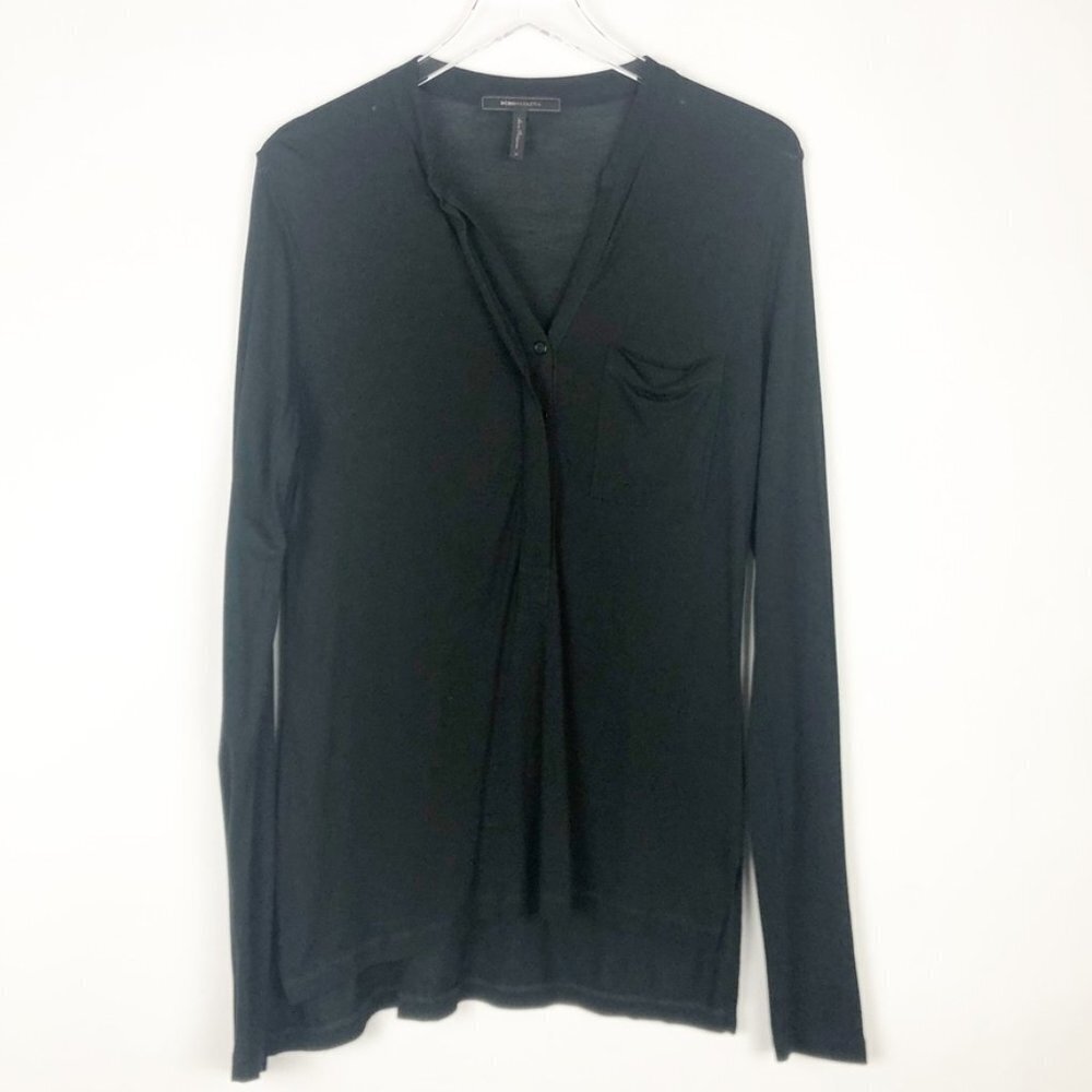 BCBGMaxAzria Top Women's Medium Black Rohan Long Sleeve Jersey Knit Henley